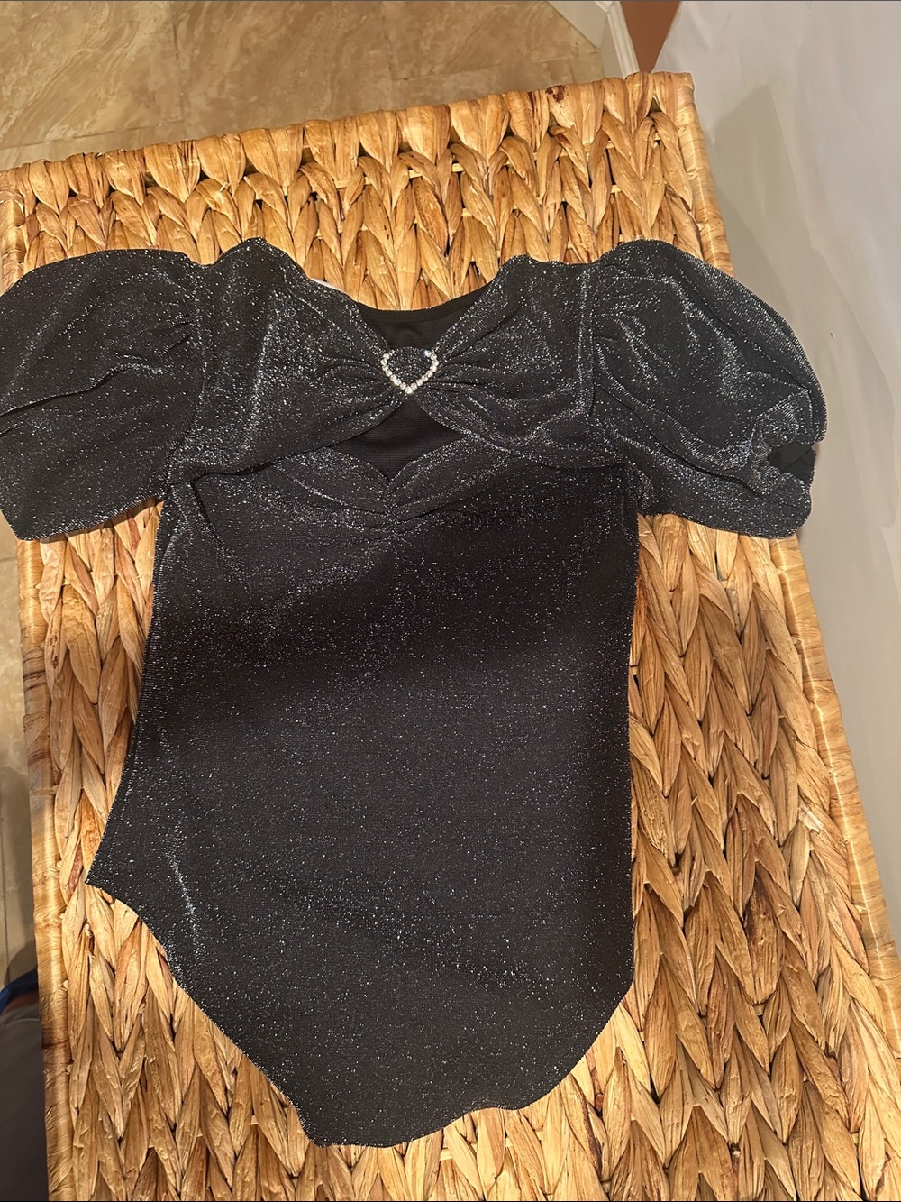 Zara Black Shimmery Puff-Sleeve Heart-Detail Bodysuit